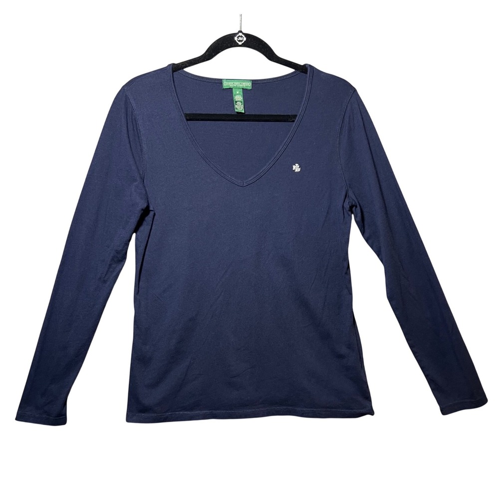 Lauren Ralph Lauren Navy Blue V-Neck Long Sleeve Cotton Top RL Monogram Size M